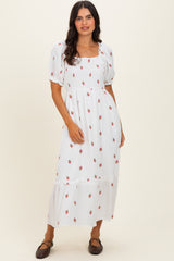 Ivory Embroidered Smocked Midi Dress
