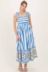Blue Striped Shoulder Tie Printed Hem Midi Dress