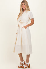 Beige Button Down Frayed Midi Dress