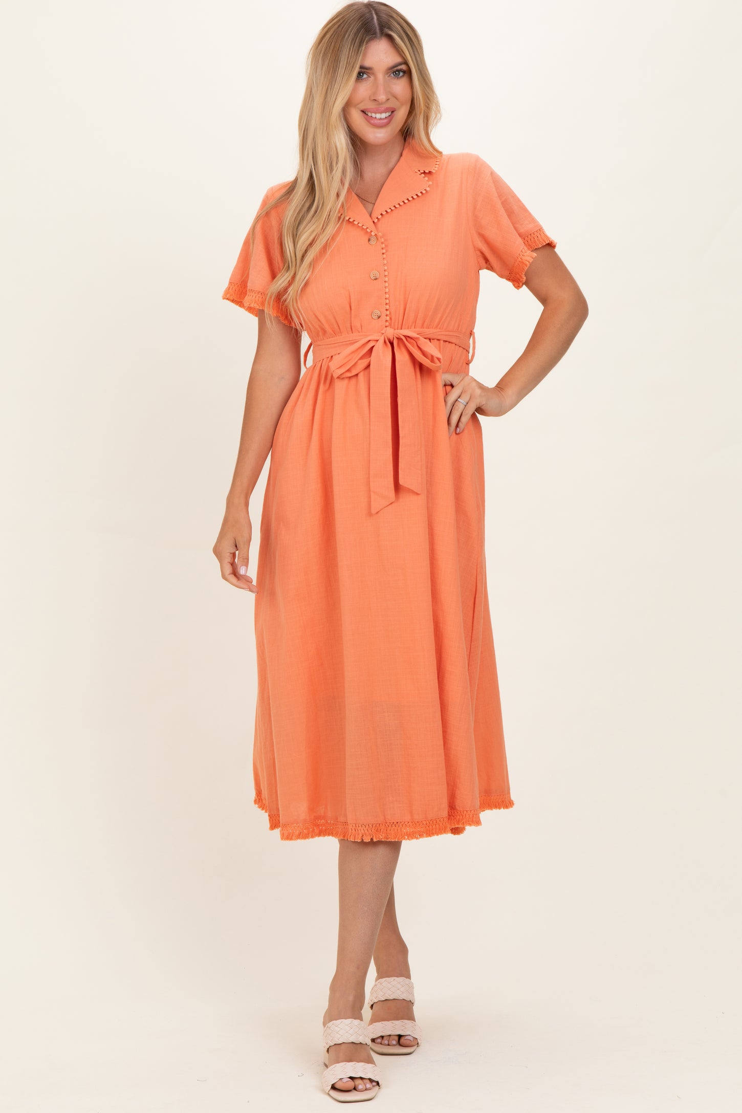 Salmon Button Down Frayed Maternity Midi Dress
