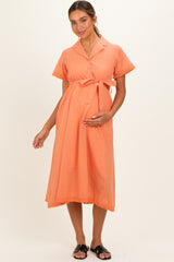 Salmon Button Down Frayed Maternity Midi Dress