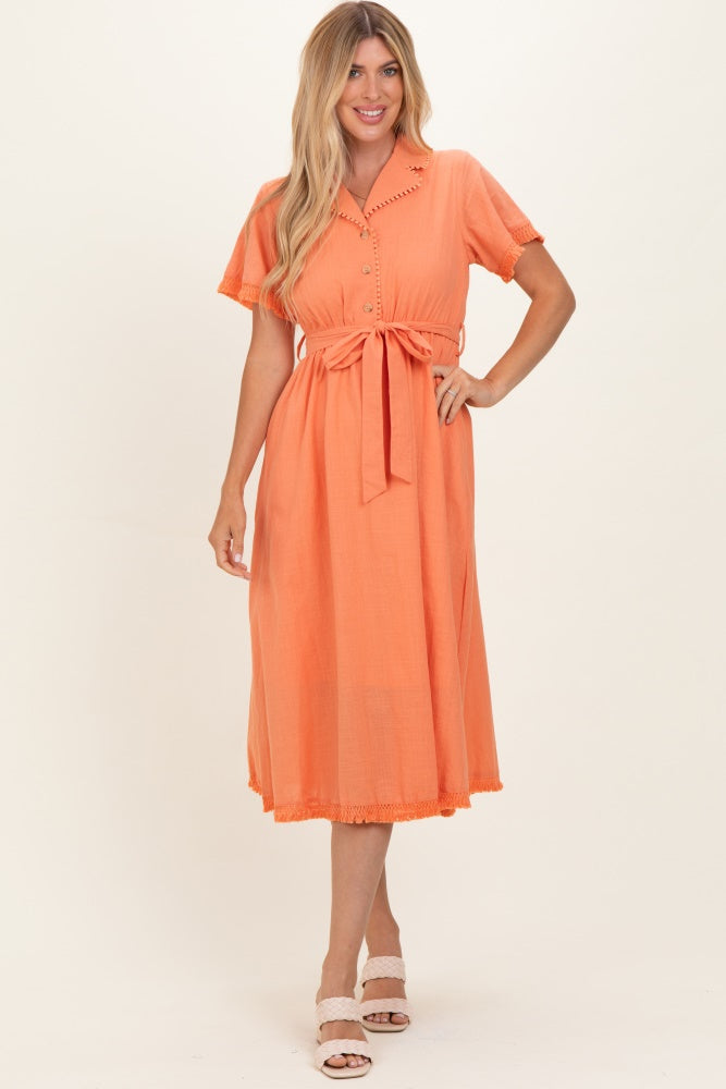 Salmon Button Down Frayed Midi Dress