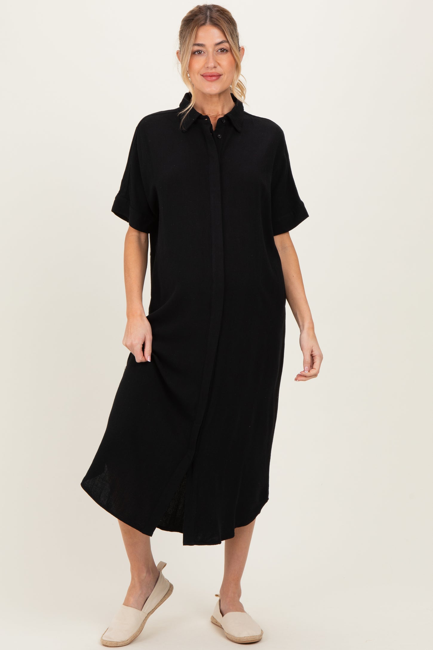 Black Button Down Maternity Midi Shirt Dress