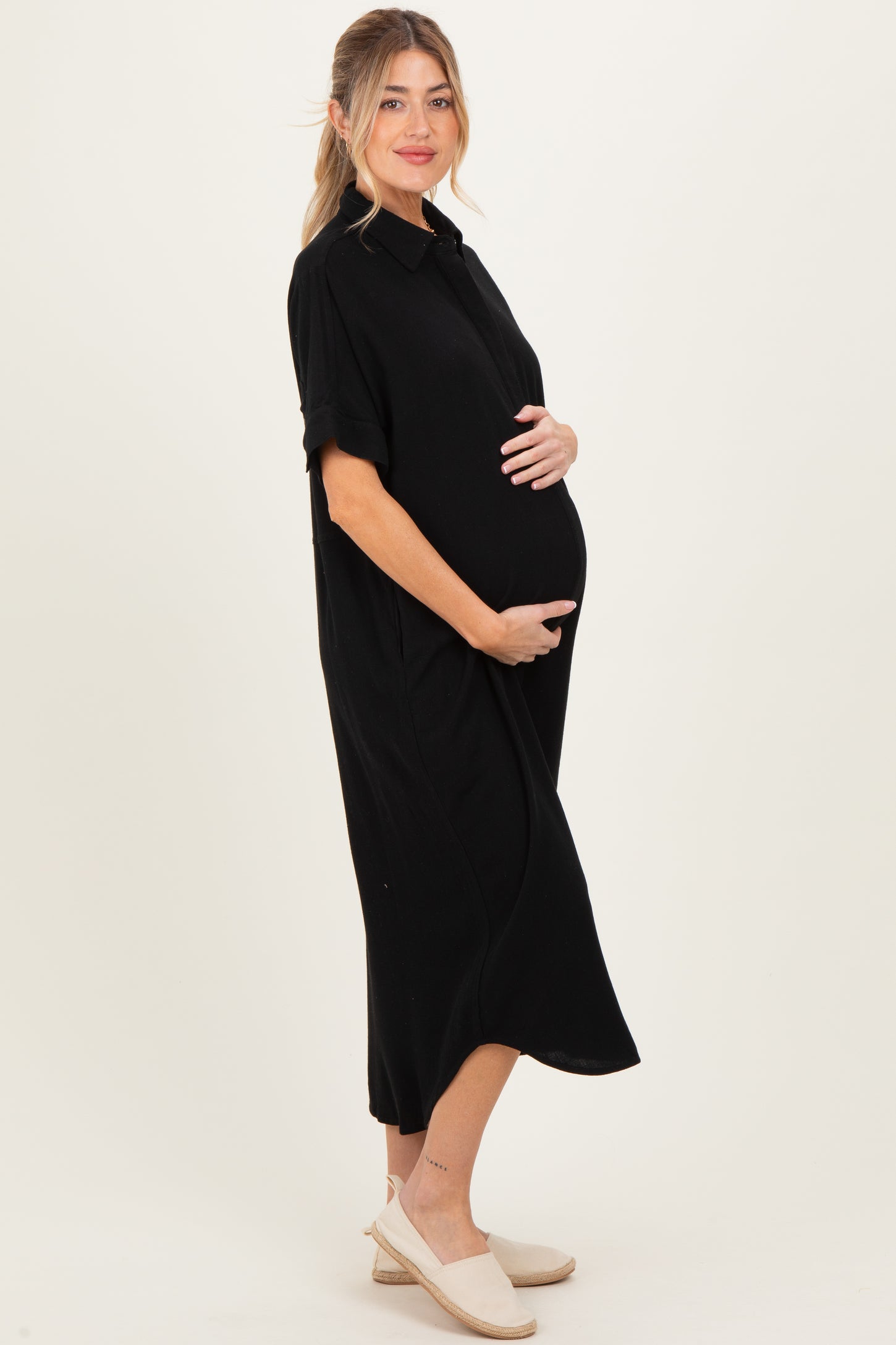 Black Button Down Maternity Midi Shirt Dress