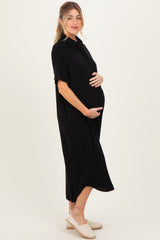 Black Button Down Maternity Midi Shirt Dress