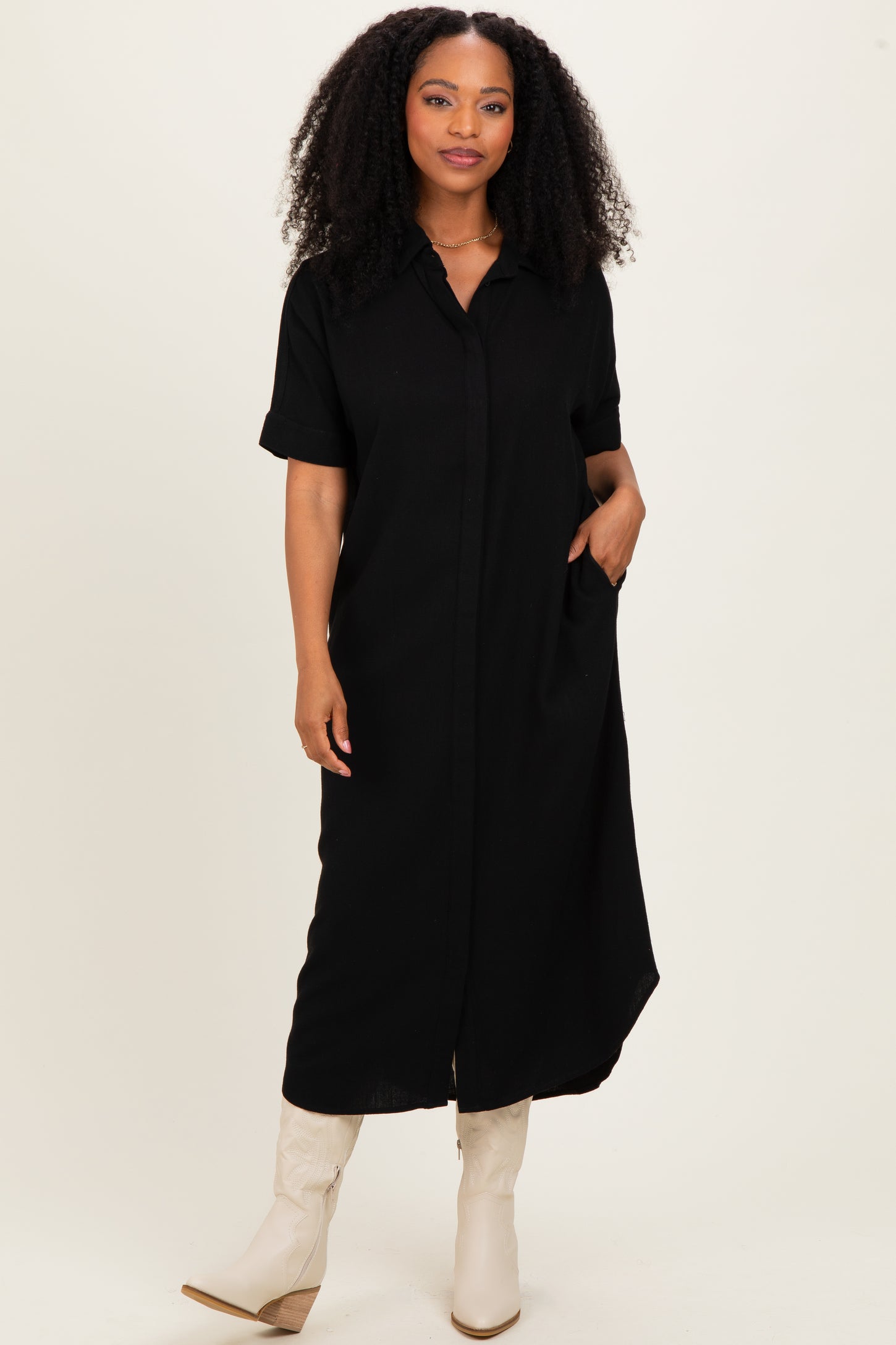 Black Button Down Maternity Midi Shirt Dress
