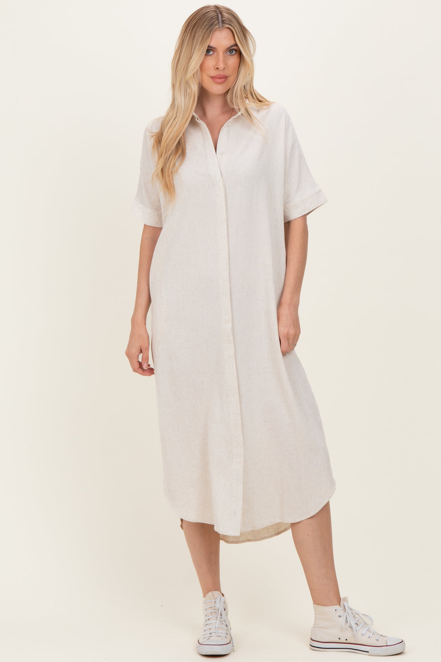 Natural Button Down Midi Shirt Dress