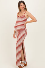Red Striped Ribbed Sleeveless Side Slit Maternity Maxi Dress