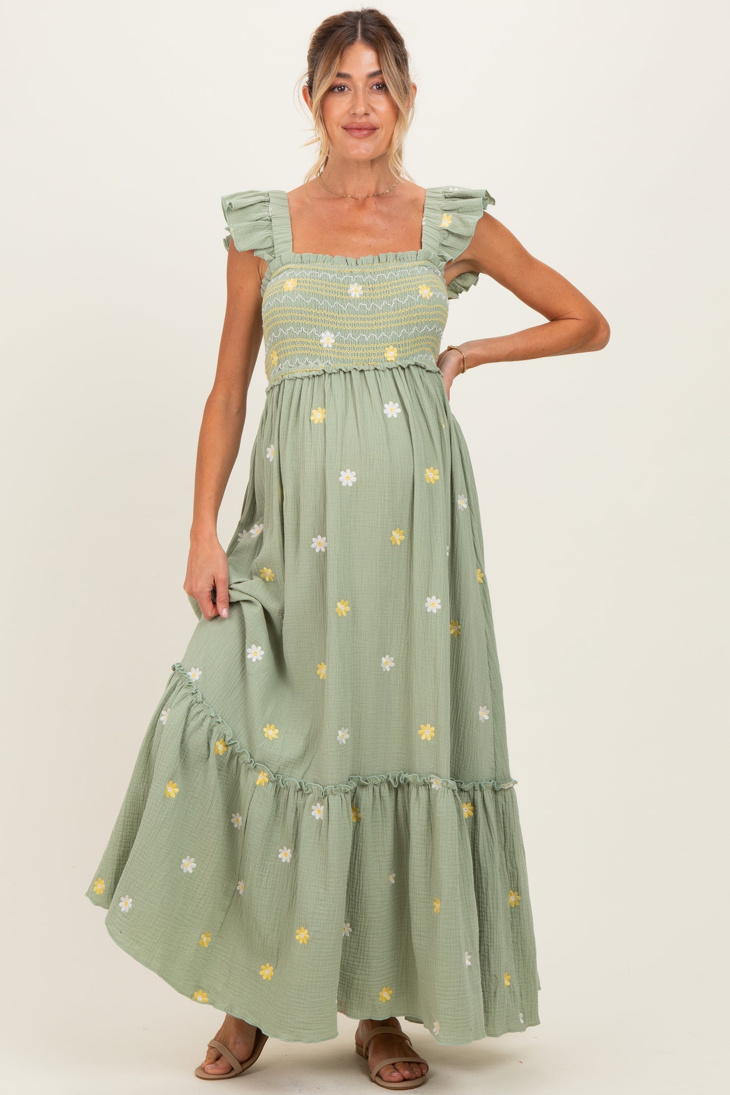Green Floral Embroidered Smocked Maternity Maxi Dress