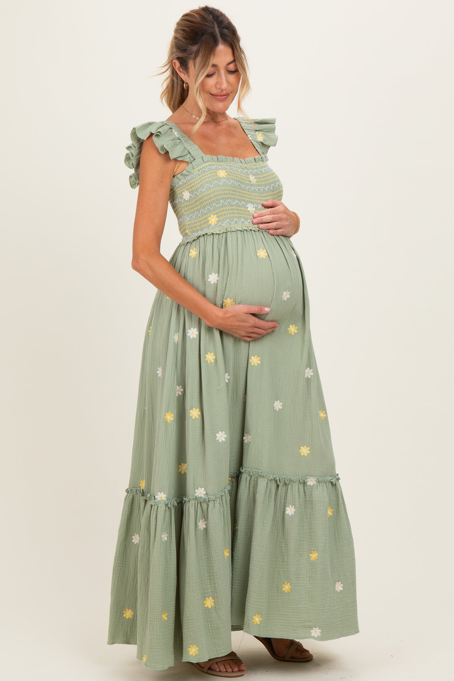 Green Floral Embroidered Smocked Maternity Maxi Dress