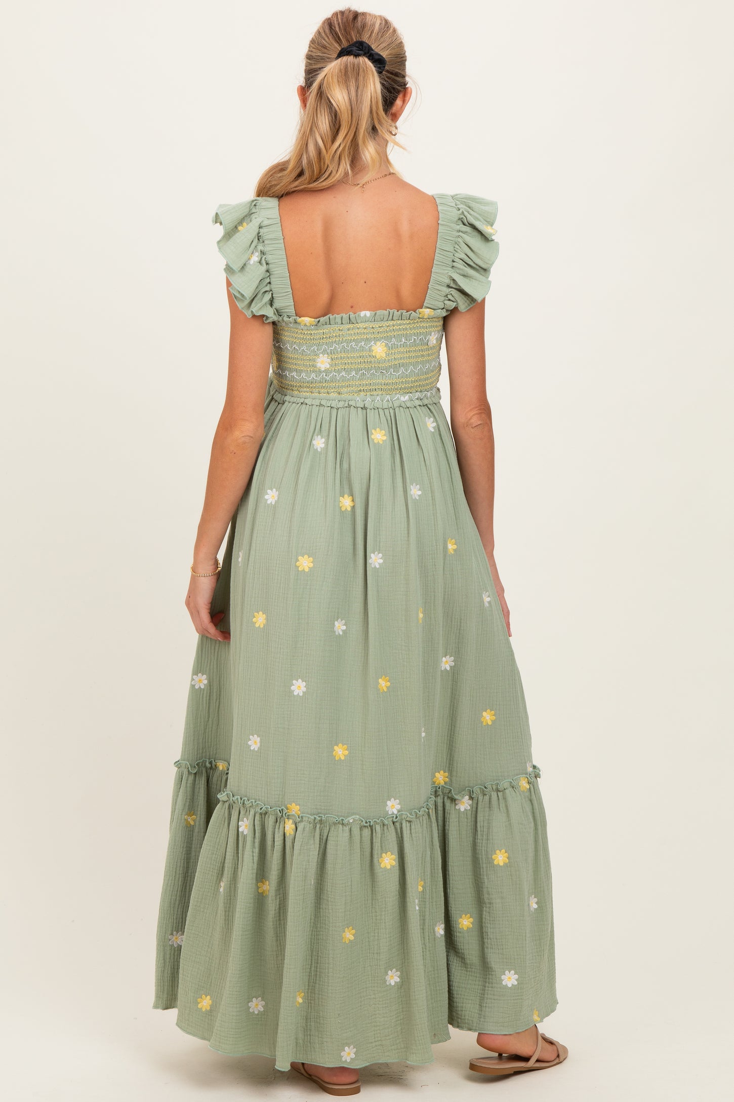 Green Floral Embroidered Smocked Maternity Maxi Dress