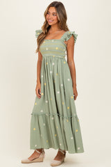 Green Floral Embroidered Smocked Maternity Maxi Dress