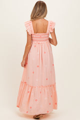 Peach Floral Embroidered Smocked Maternity Maxi Dress