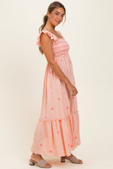 Peach Floral Embroidered Smocked Maxi Dress