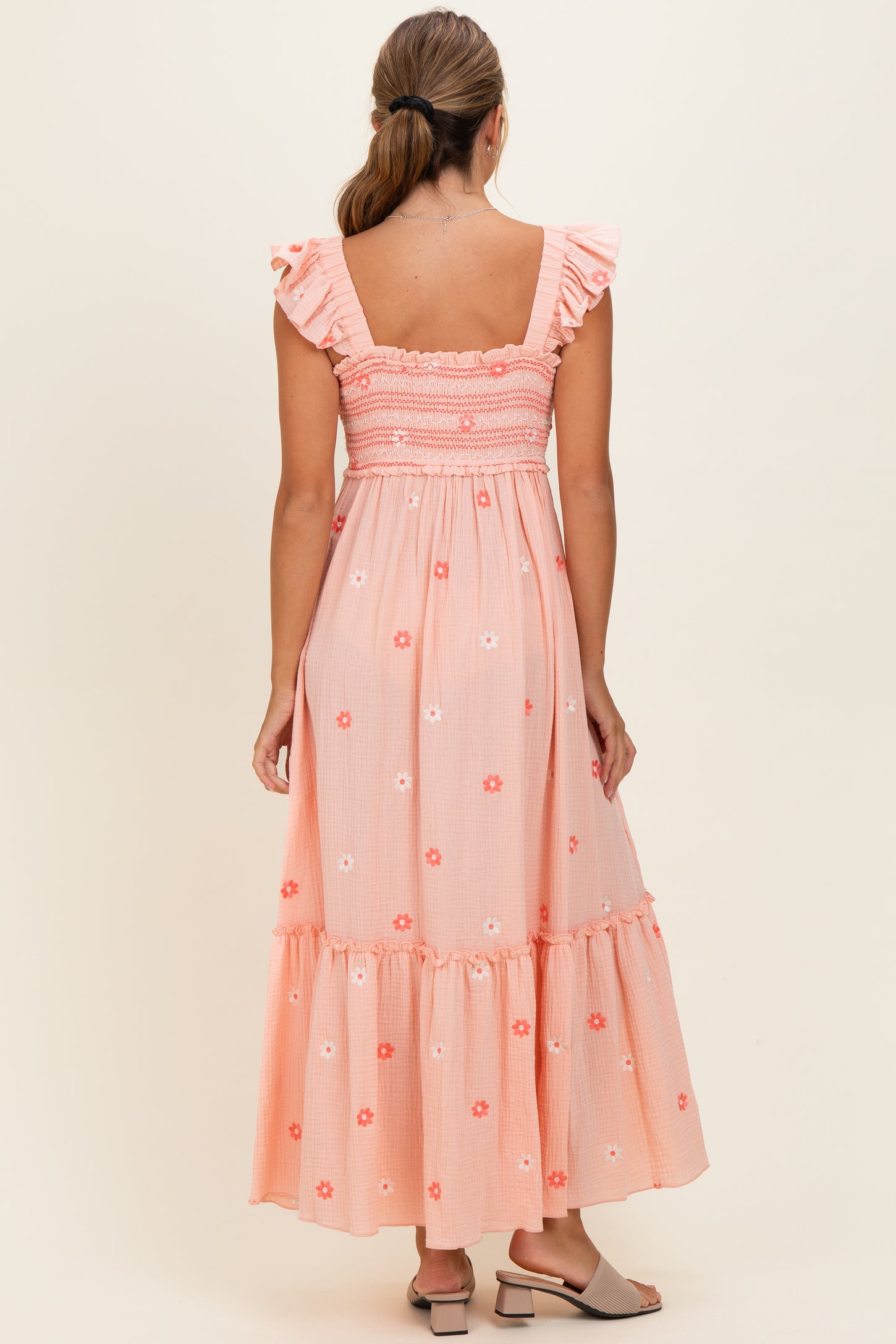 Peach Floral Embroidered Smocked Maxi Dress