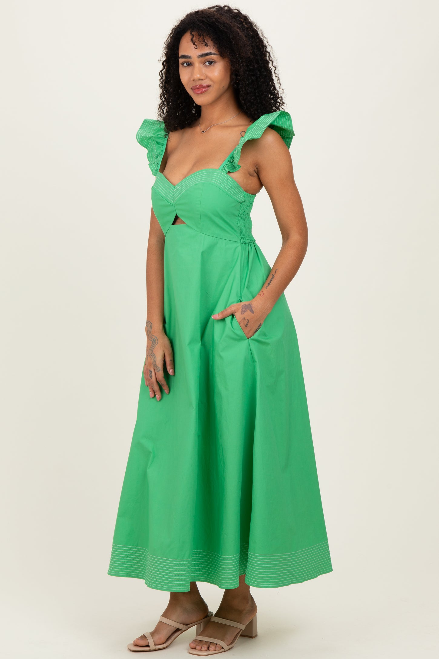 Green Cutout Seam Detail Midi Dress