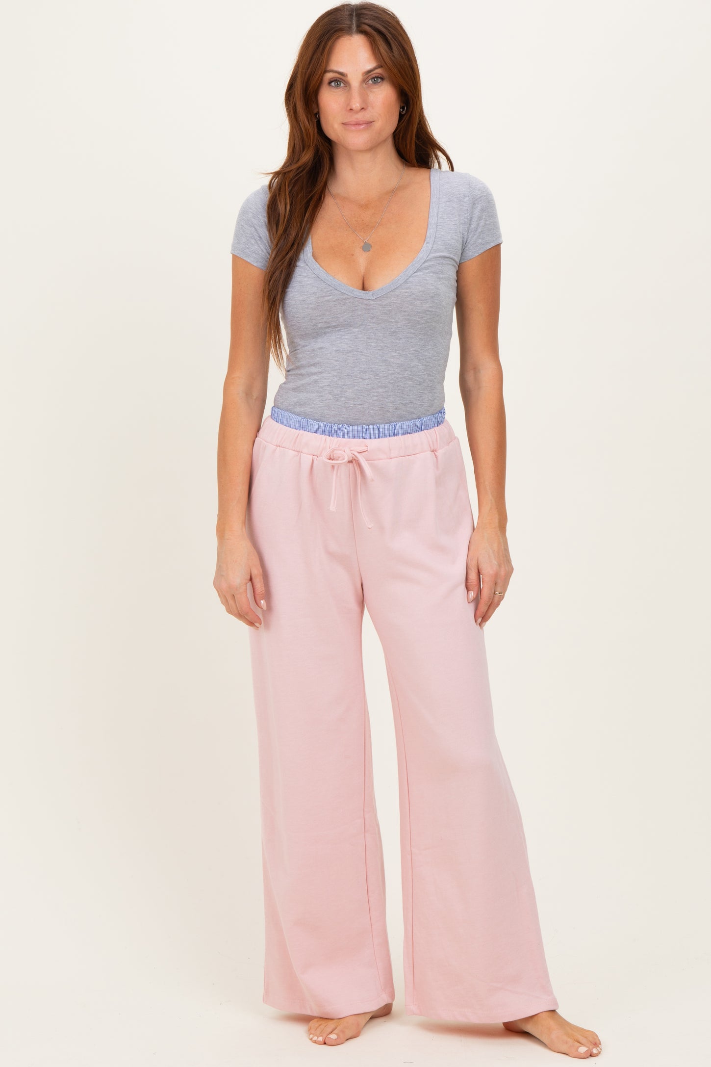 Light Pink Contrast Waistband Maternity Lounge Pants