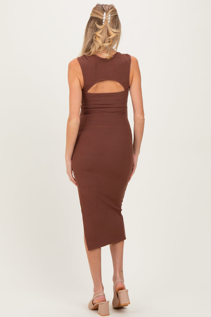 Brown Cutout Fitted Maternity Midi Dress
