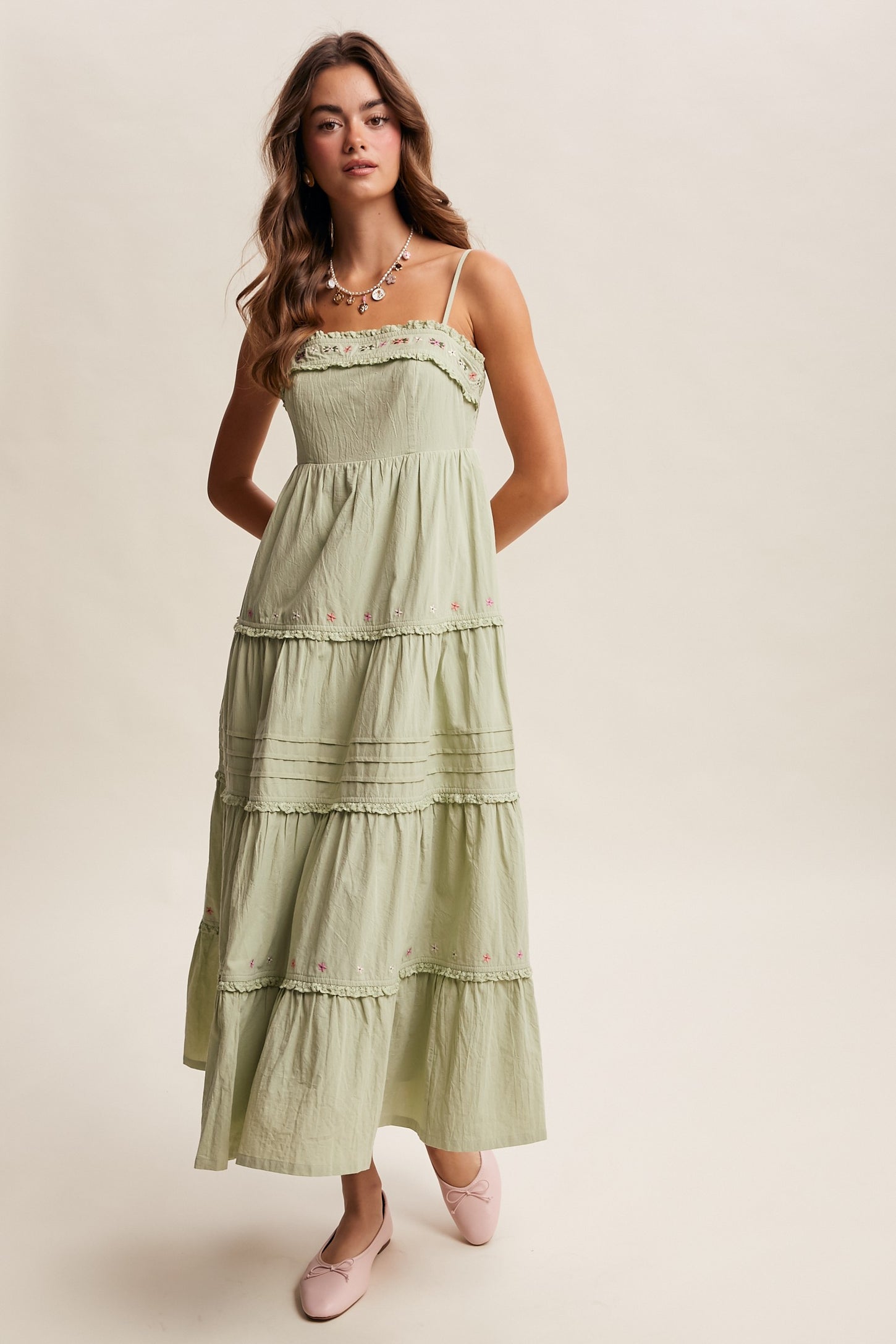 Sage Embroidered Ruffle Tiered Maxi Dress
