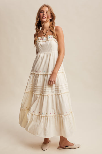 Ecru Embroidered Ruffle Tiered Maxi Dress