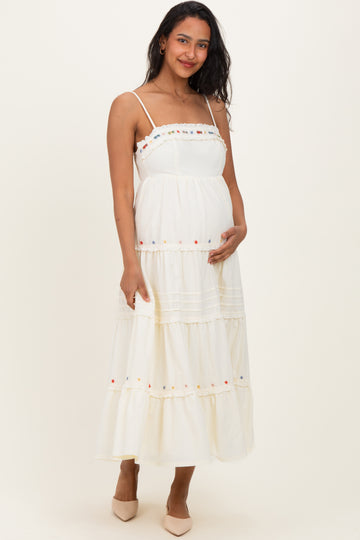 Ecru Embroidered Ruffle Tiered Maternity Maxi Dress