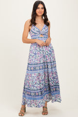 Periwinkle Floral Twist Front Cutout Maxi Dress