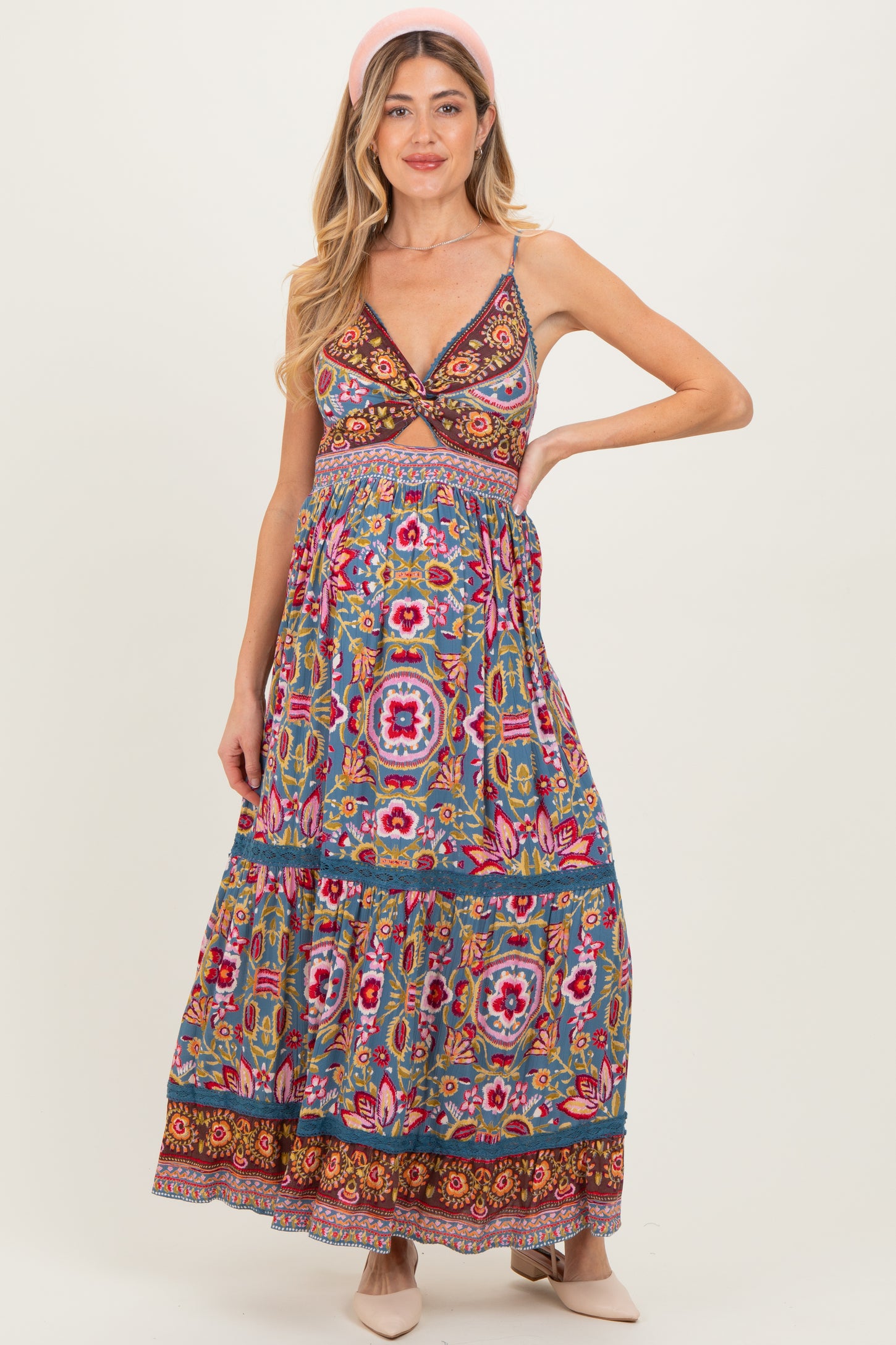 Teal Floral Twist Front Cutout Maternity Maxi Dress