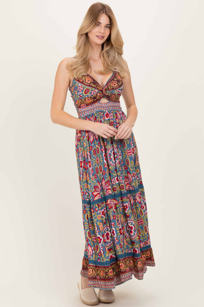 Teal Floral Twist Front Cutout Maternity Maxi Dress