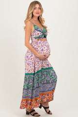 Multicolor Colorblock Floral Twist Front Cutout Maternity Maxi Dress