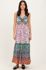 Multicolor Colorblock Floral Twist Front Cutout Maternity Maxi Dress
