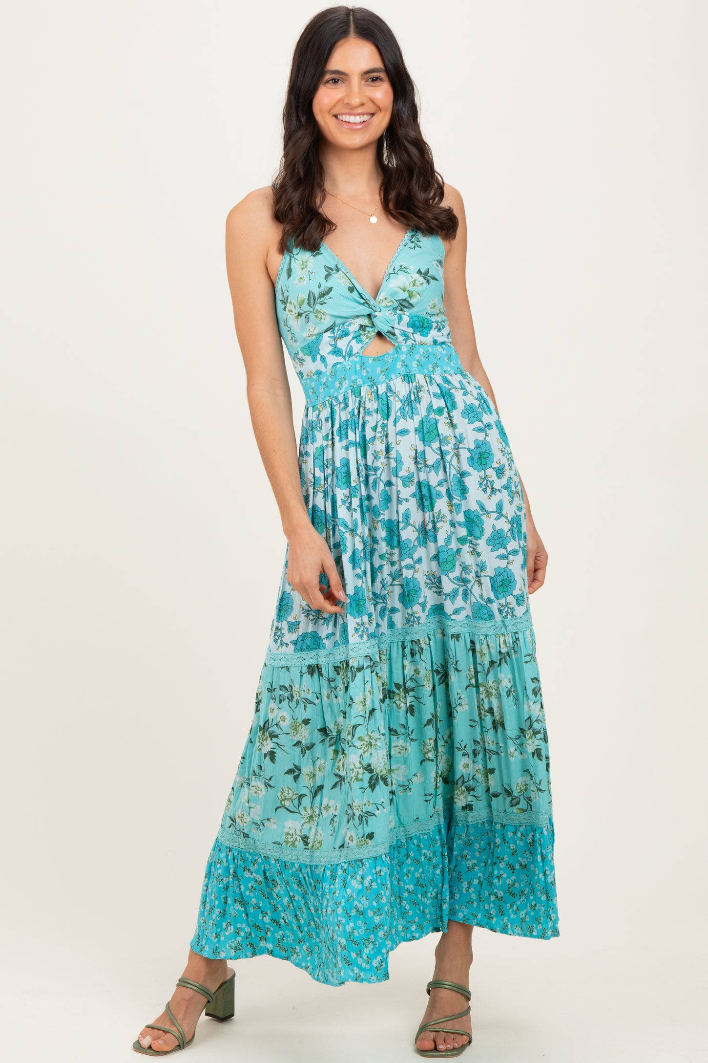 Aqua Multi Floral Print Twist Front Cutout Maxi Dress
