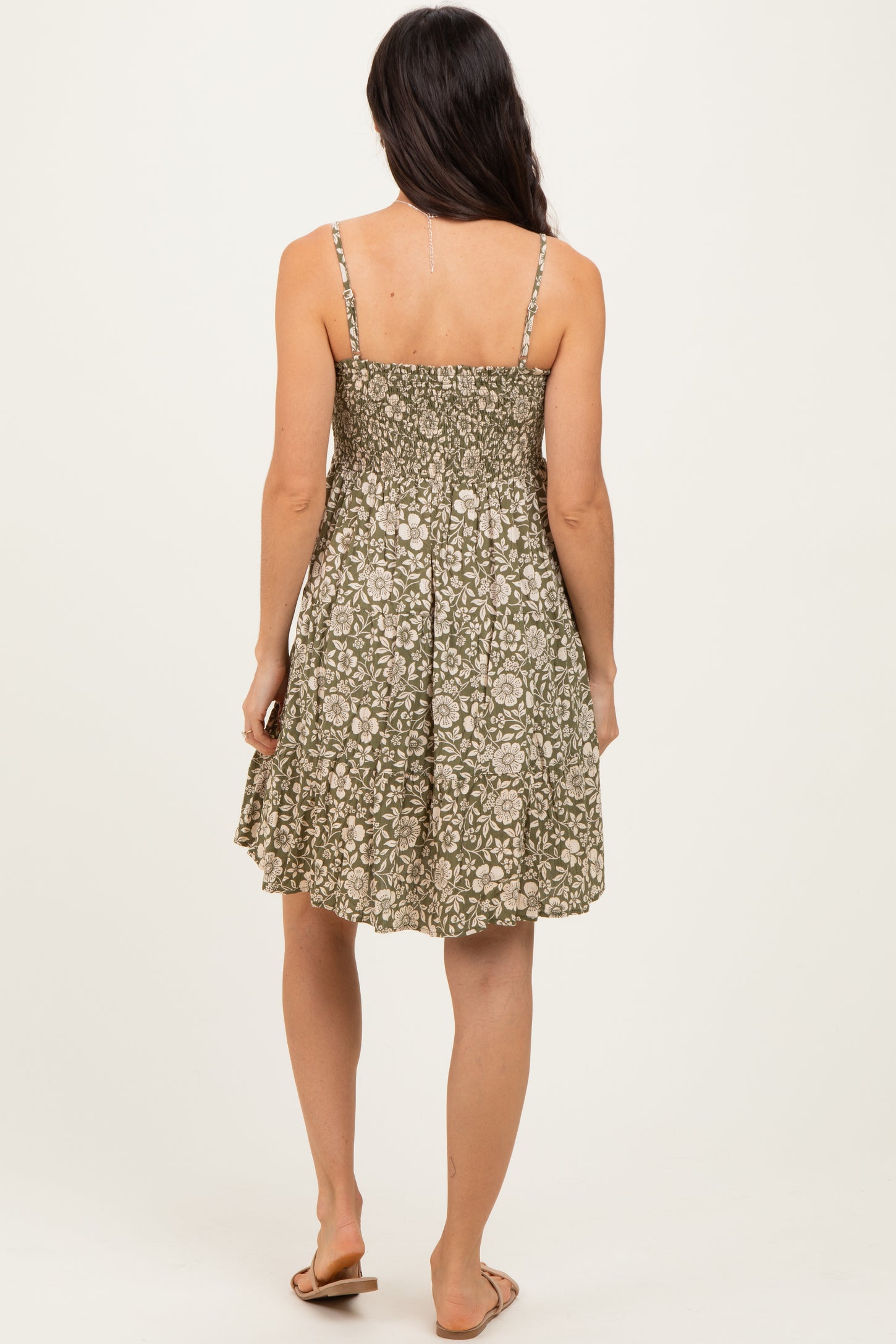 Olive Floral Smocked Sleeveless Mini Dress