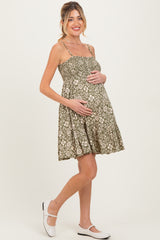 Olive Floral Smocked Sleeveless Maternity Mini Dress