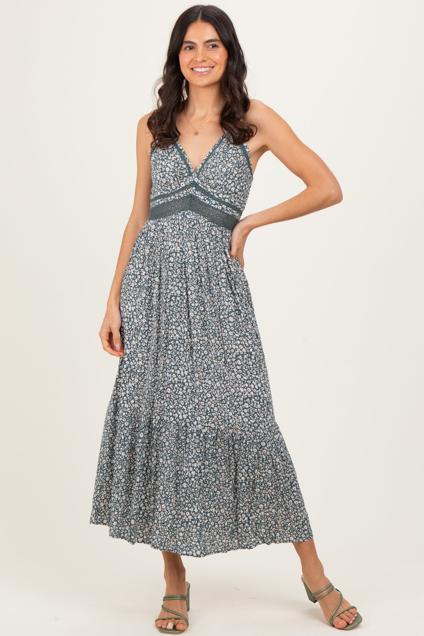 Olive Floral Lace Detail Strappy Maxi Dress