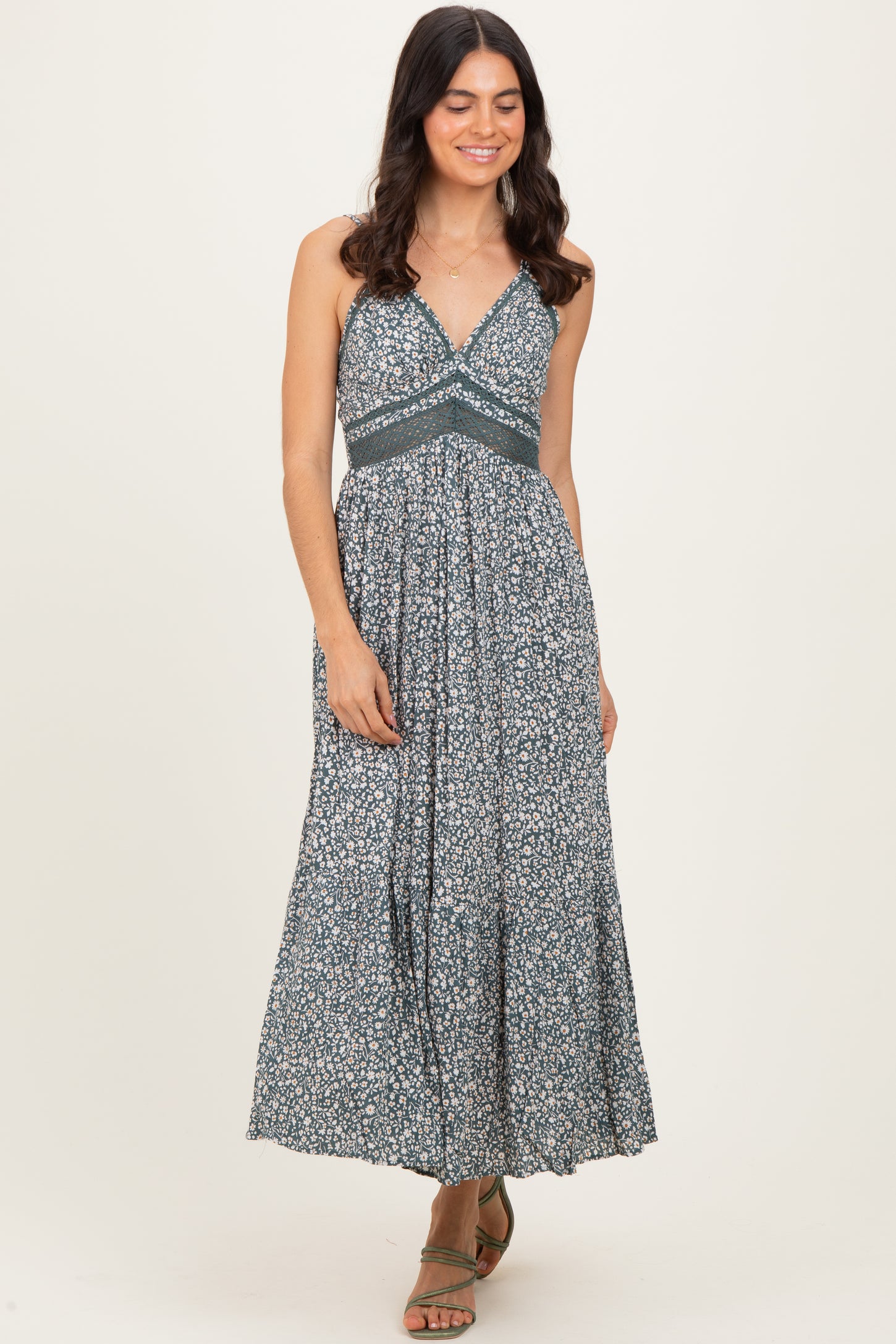 Olive Floral Lace Detail Strappy Maxi Dress