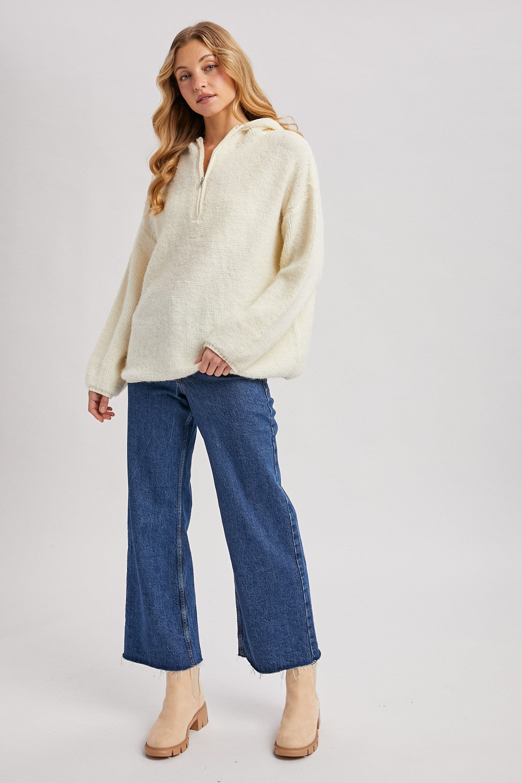 Cream Half Zip Hoodie Sweater