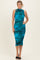woman wearing a teal sleeveless midi dress with ruching details and a fitted silhouette