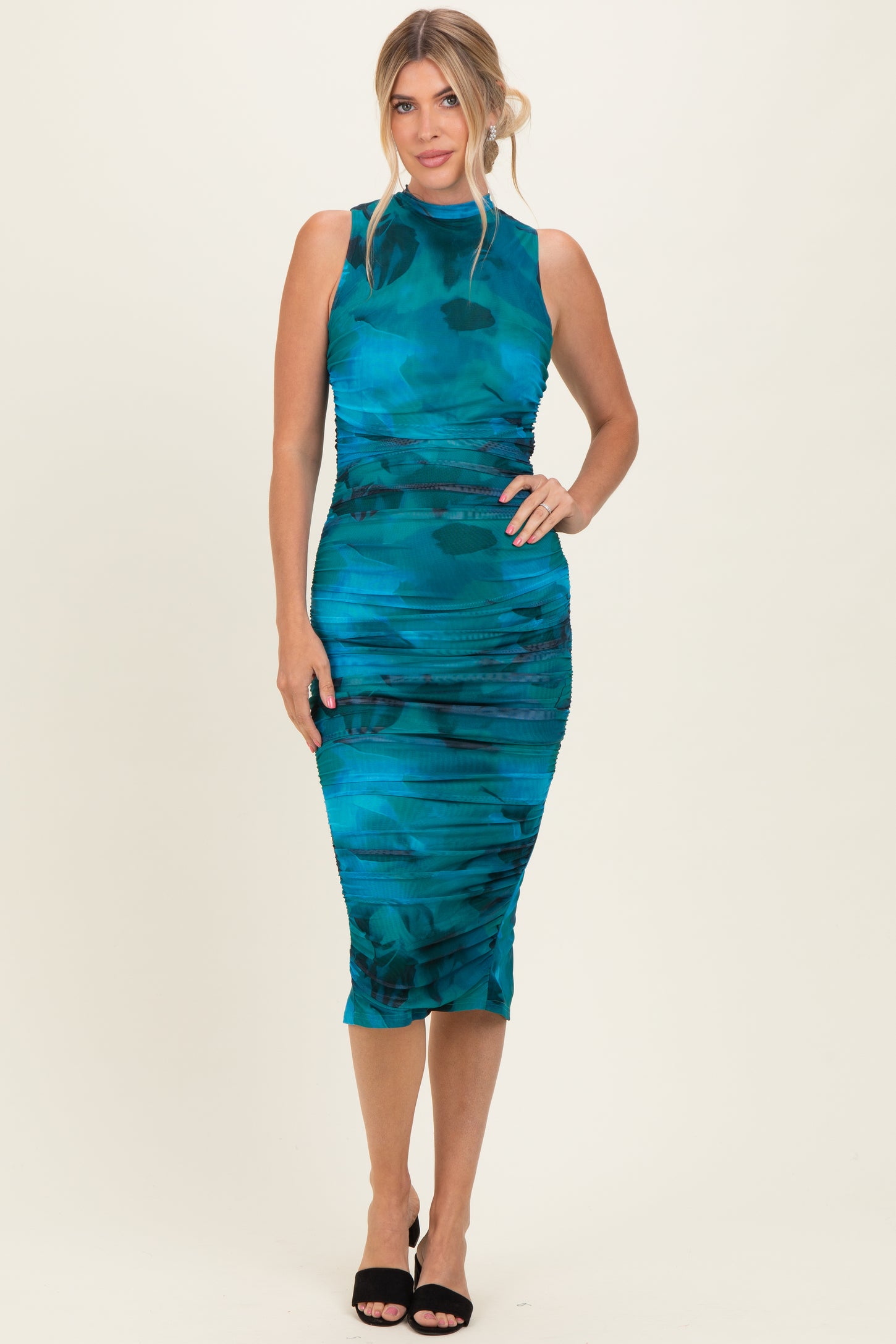 Turquoise Floral Mock Neck Ruched Midi Dress