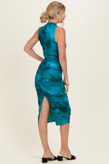 Turquoise Floral Mock Neck Ruched Midi Dress