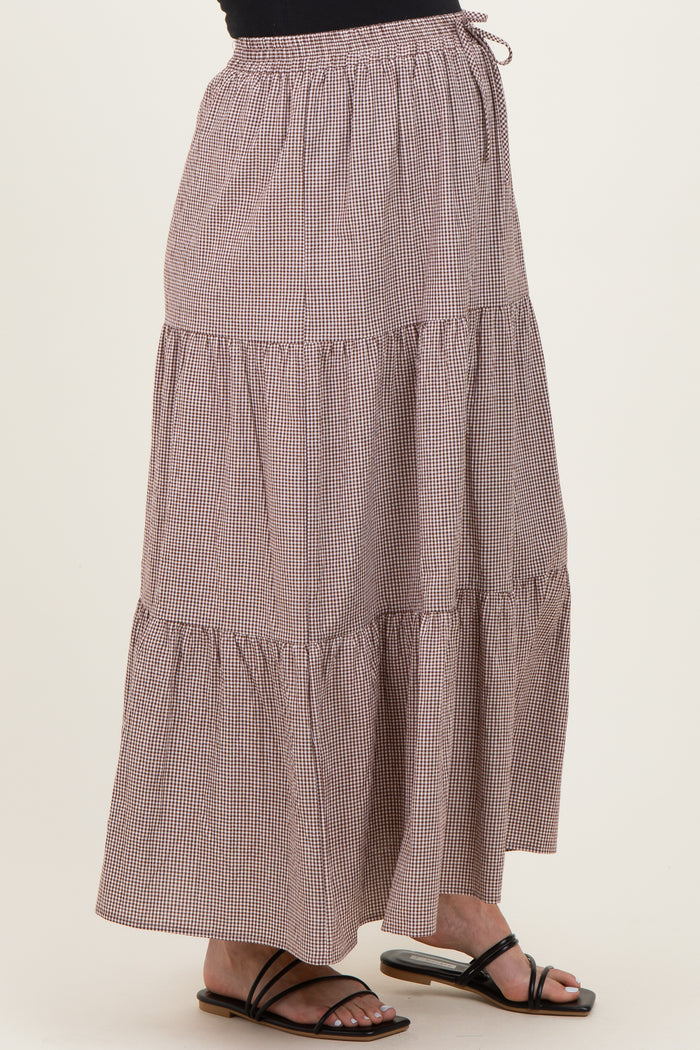 Brown Gingham Tiered Maternity Maxi Skirt