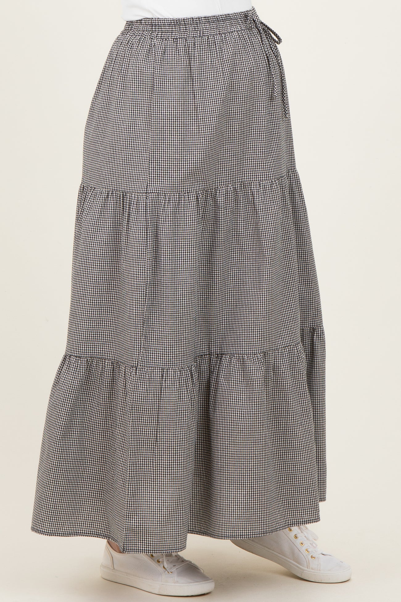 maternity wear black and white checked tiered maxi skirt with an elastic waistband and drawstring detail