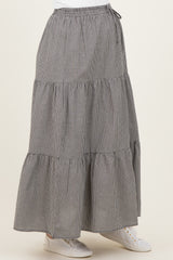 maternity wear black and white checked tiered maxi skirt with an elastic waistband and drawstring detail