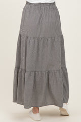 maternity wear black and white checkered tiered maxi skirt with elastic waistband, shown from the back