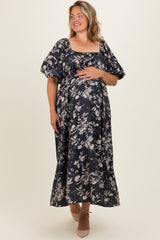 Black Floral Puff Sleeve Smocked Waist Maternity Plus Midi Dress