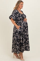 Black Floral Puff Sleeve Smocked Waist Maternity Plus Midi Dress