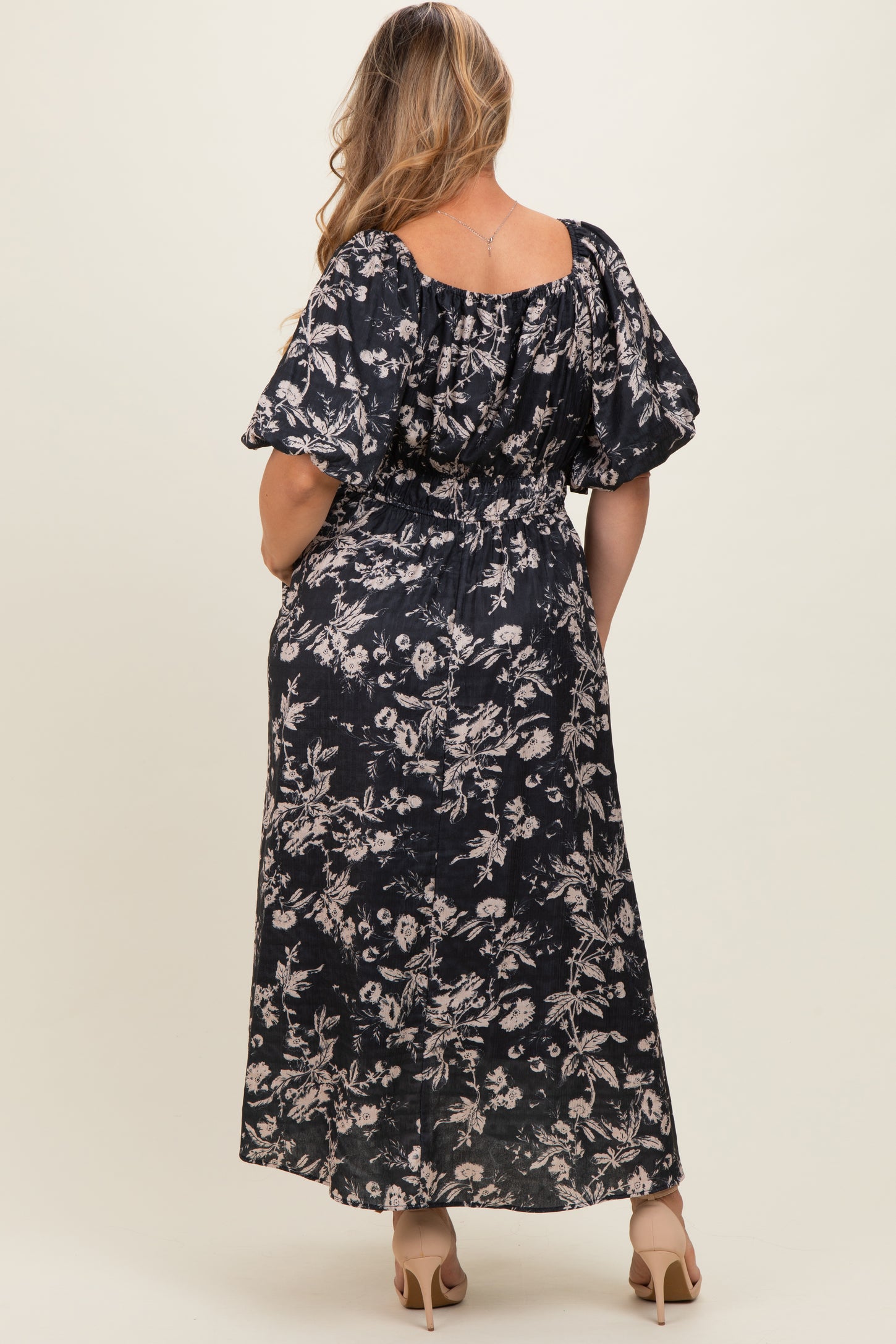 Black Floral Puff Sleeve Smocked Waist Maternity Plus Midi Dress