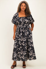 Black Floral Puff Sleeve Smocked Waist Maternity Plus Midi Dress