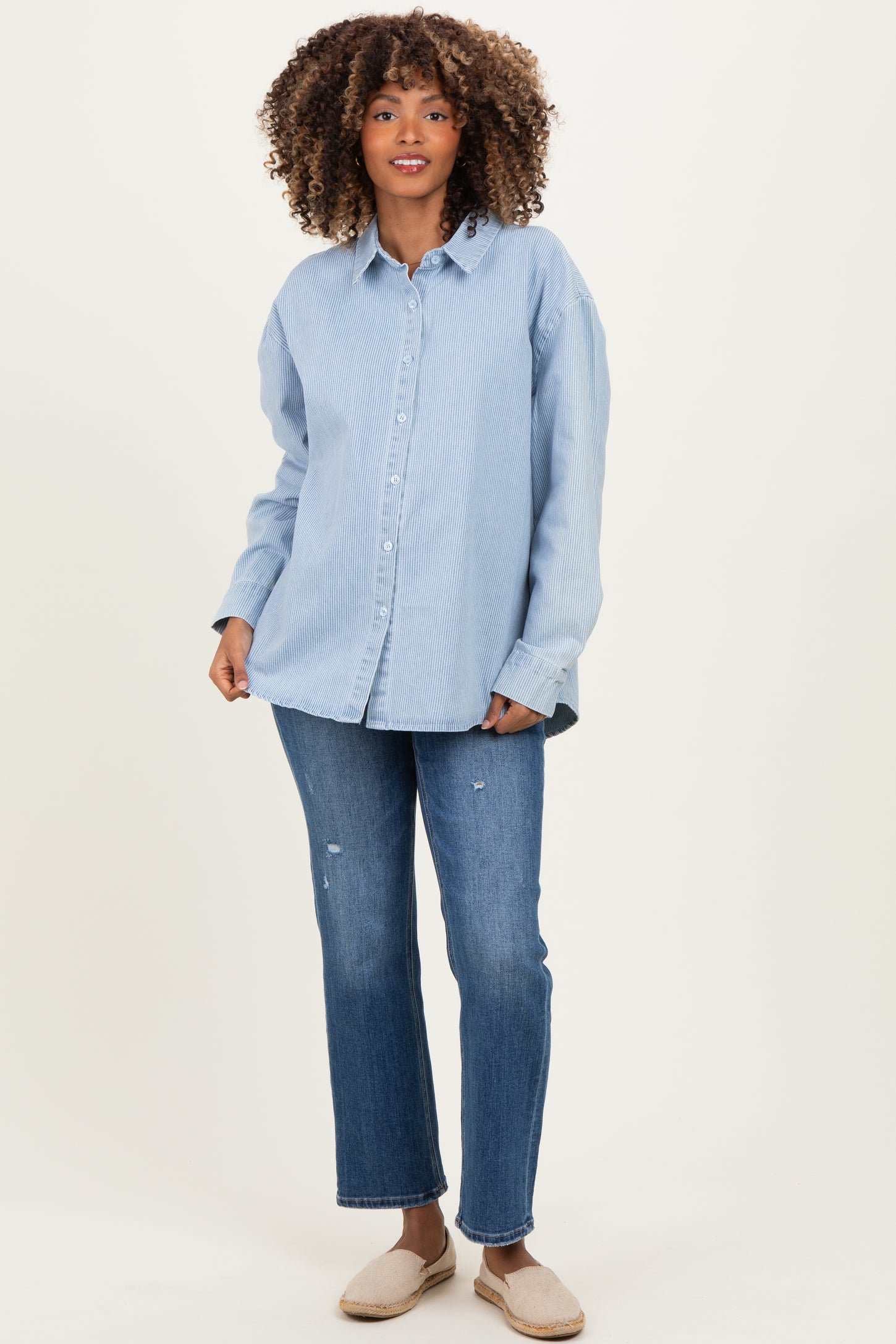 Light Blue Striped Button Down Maternity Shirt