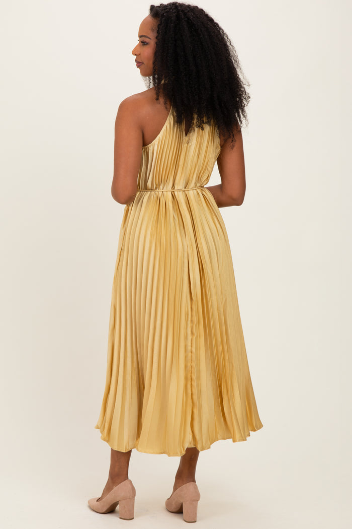 Yellow Pleated Halter Dress