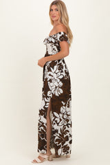 Brown Floral Ruffle Off Shoulder Maxi Dress